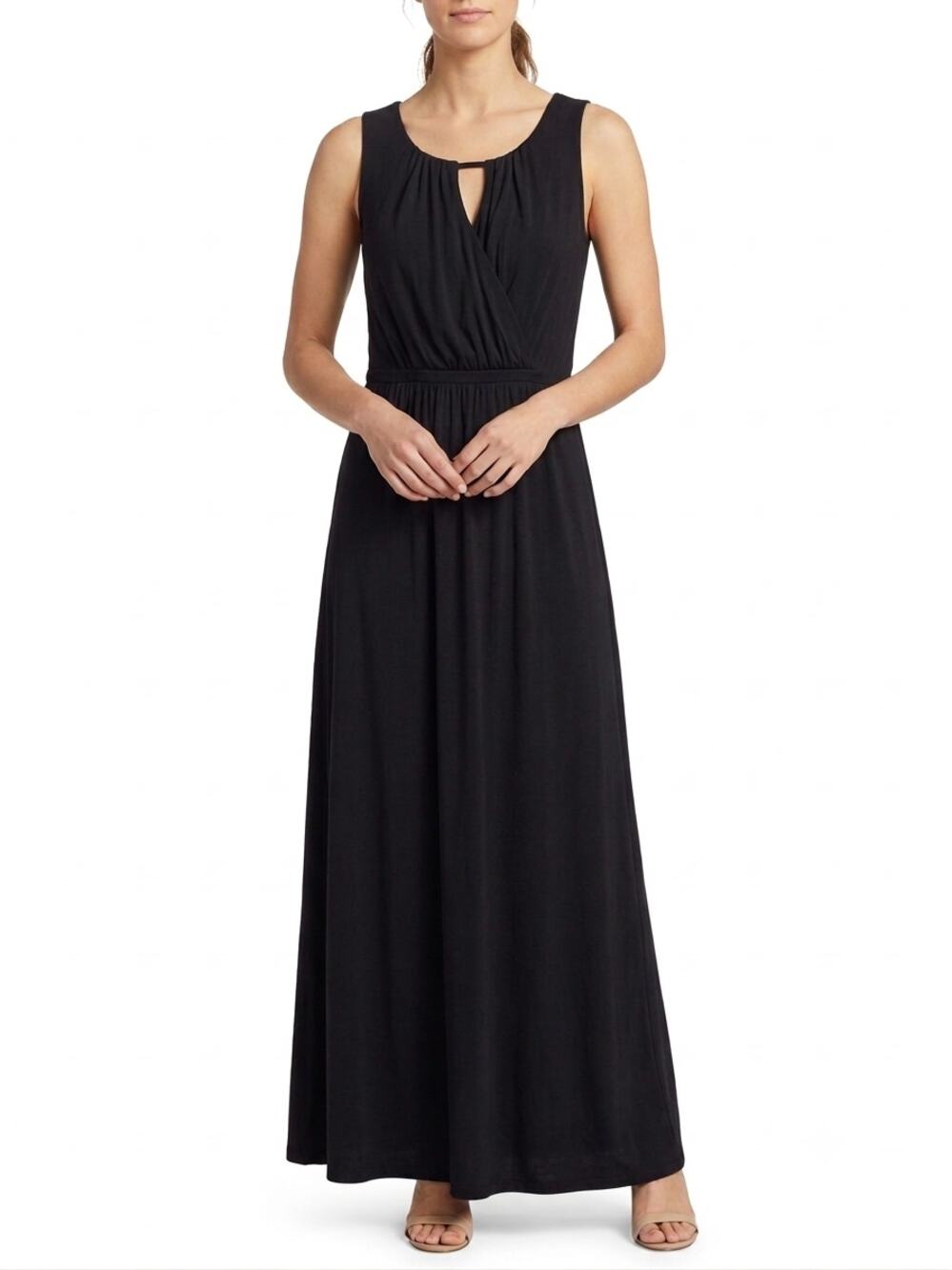 Garnet Hill Maxi Dress Women's S Black Stretch Lined Gathered Wide Strap Classic
